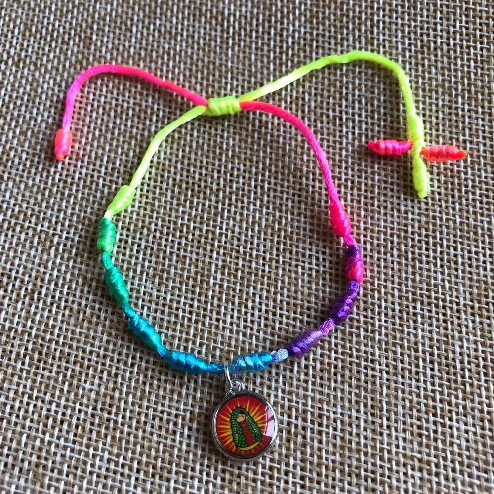 rainbow color knotted cord rope rosary beads bracelet mixed design baby virgin of guadalupe charm - adjustable and unisex
rainbow color knotted cord rope rosary beads bracelet mixed design baby virgin of guadalupe charm - adjustable and unisex