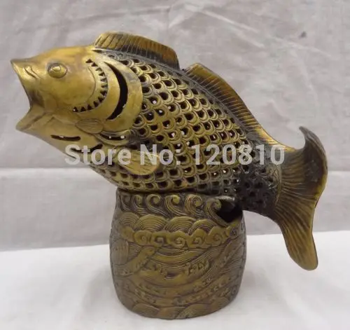China Bronze Carved Wealth Coin Fish Head Head Statue Box Incense Burner Censer