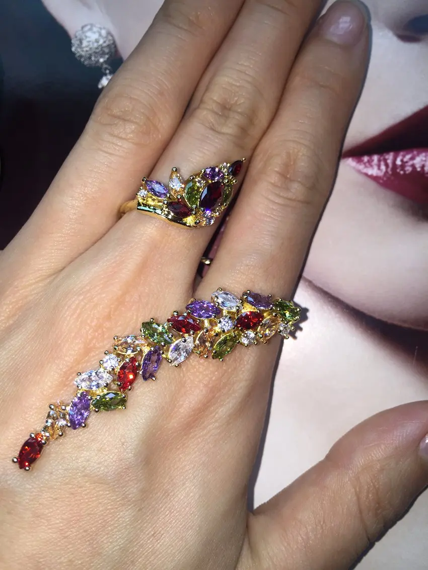 Tree Leaf Cuff Finger Ring Two Finger Double Ring for women with Colorful Crystal Cubic Zircon prong setting
Tree Leaf Cuff Finger Ring Two Finger Double Ring for women with Colorful Crystal Cubic Zircon prong setting