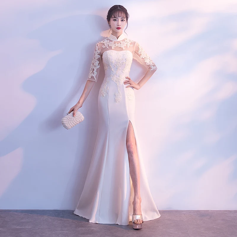 New Women Lace Qipao Flower Sexy Lady Champagne Cheongsam Full Length Chinese Wedding Dress Gown Mermaid Party Dress Vestidos
New Women Lace Qipao Flower Sexy Lady Champagne Cheongsam Full Length Chinese Wedding Dress Gown Mermaid Party Dress Vestidos