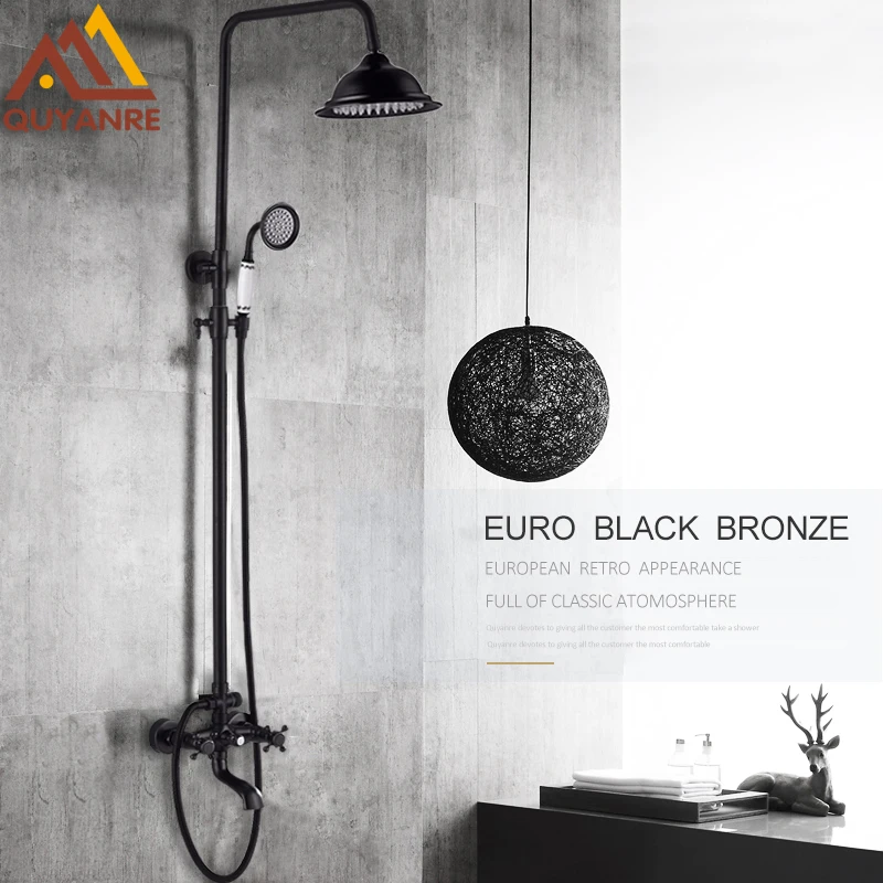 quyanre wanfan gappo black broze shower faucets set rainfall shower head creamic handshower swivel tub spout dual handles mixer tap bathroom shower