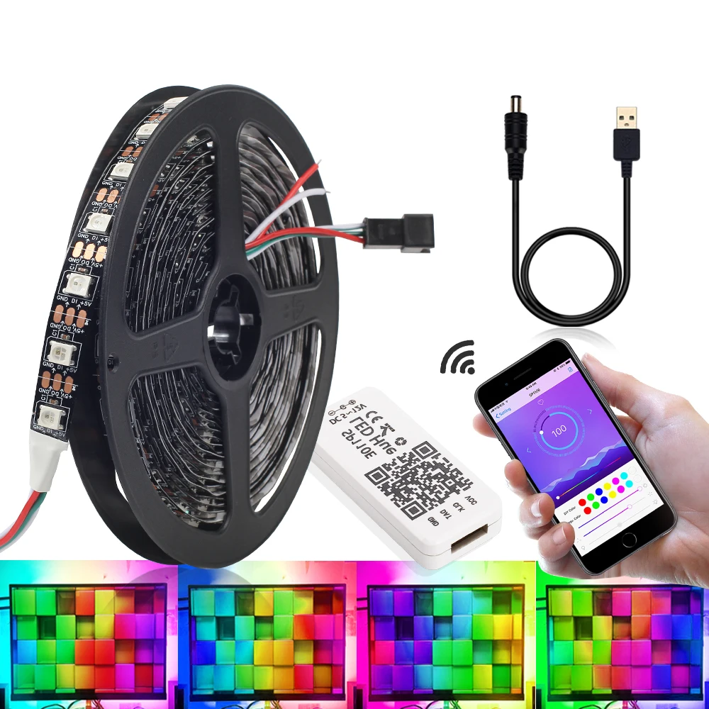 WS2812B LED Strip Individually Addressable RGB Smart Pixel Strip 1m/2m/3m Black PCB WS2812 IC 5V 30/60/leds Phone Control
WS2812B LED Strip Individually Addressable RGB Smart Pixel Strip 1m/2m/3m Black PCB WS2812 IC 5V 30/60/leds Phone Control