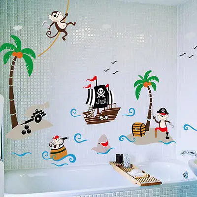 Monkey&ampPirate Ship Cartoon Wall Sticker Mural Vinyl Art Decal Baby Nursery | Дом и сад