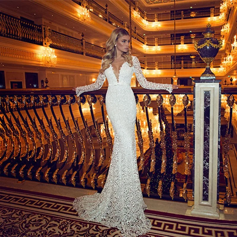 Best Selling Floor Length Sash Lace Plunging Wedding Gowns Long Sexy Backless Long Sleeves Lace Mermaid Wedding Dresses
Best Selling Floor Length Sash Lace Plunging Wedding Gowns Long Sexy Backless Long Sleeves Lace Mermaid Wedding Dresses
