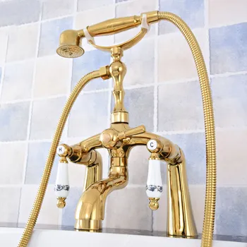 Luxury Gold Color Brass Double Ceramic Flower Handle Deck Mounted Claw Foot Bathroom Tub Faucet Mixer Tap With Handshower mtf788 
Luxury Gold Color Brass Double Ceramic Flower Handle Deck Mounted Claw Foot Bathroom Tub Faucet Mixer Tap With Handshower mtf788