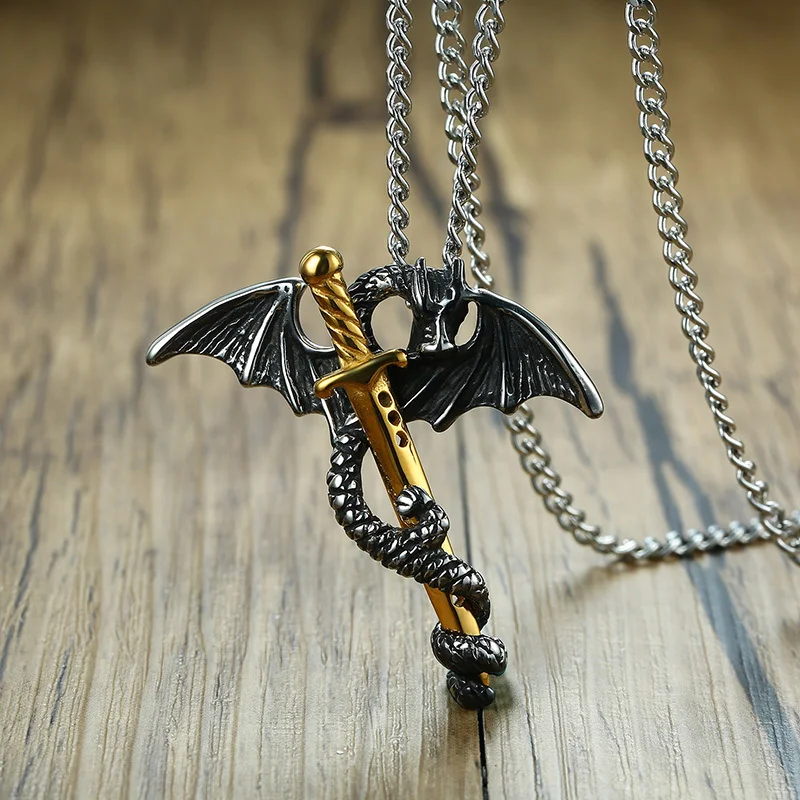 Pterosaur Gold Tone Sword Pendant Necklace for Men Stainless Steel Dragon Punk Game of Throne Vintage Male Jewelry 24" Chain
Pterosaur Gold Tone Sword Pendant Necklace for Men Stainless Steel Dragon Punk Game of Throne Vintage Male Jewelry 24" Chain