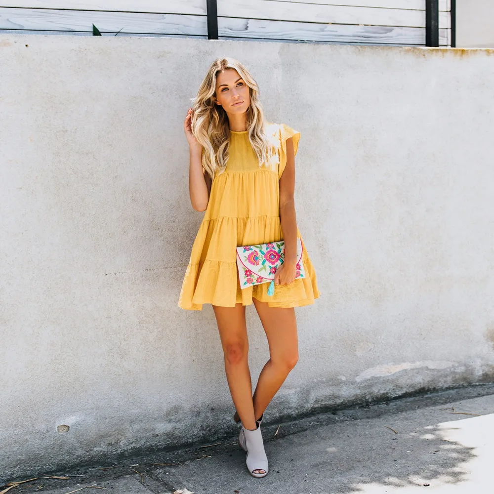 yellow Short Sleeve O-Neck Loose Dress