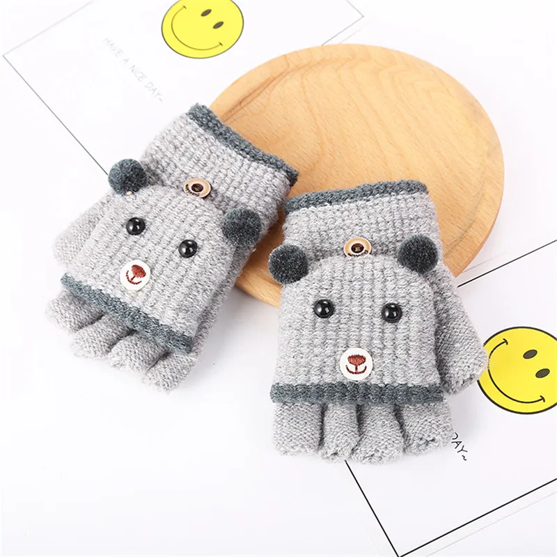 Baby Gloves Kids Mittens Baby Accessories Glove Half Finger Cartoon Bear Patchwork Keep Warm Baby Mittens Knitted Gloves (4)