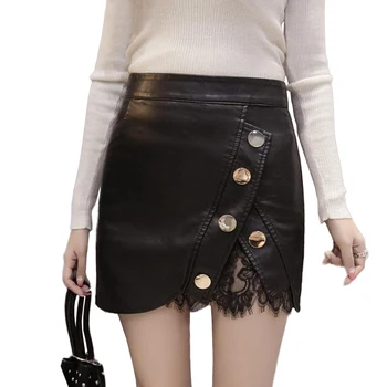 Fashion Women PU Mini Skirts Spring Lace patchwork irregular High Waist Soft Leather Skirt Sexy Slim Female Button Skirts Saias
Fashion Women PU Mini Skirts Spring Lace patchwork irregular High Waist Soft Leather Skirt Sexy Slim Female Button Skirts Saias