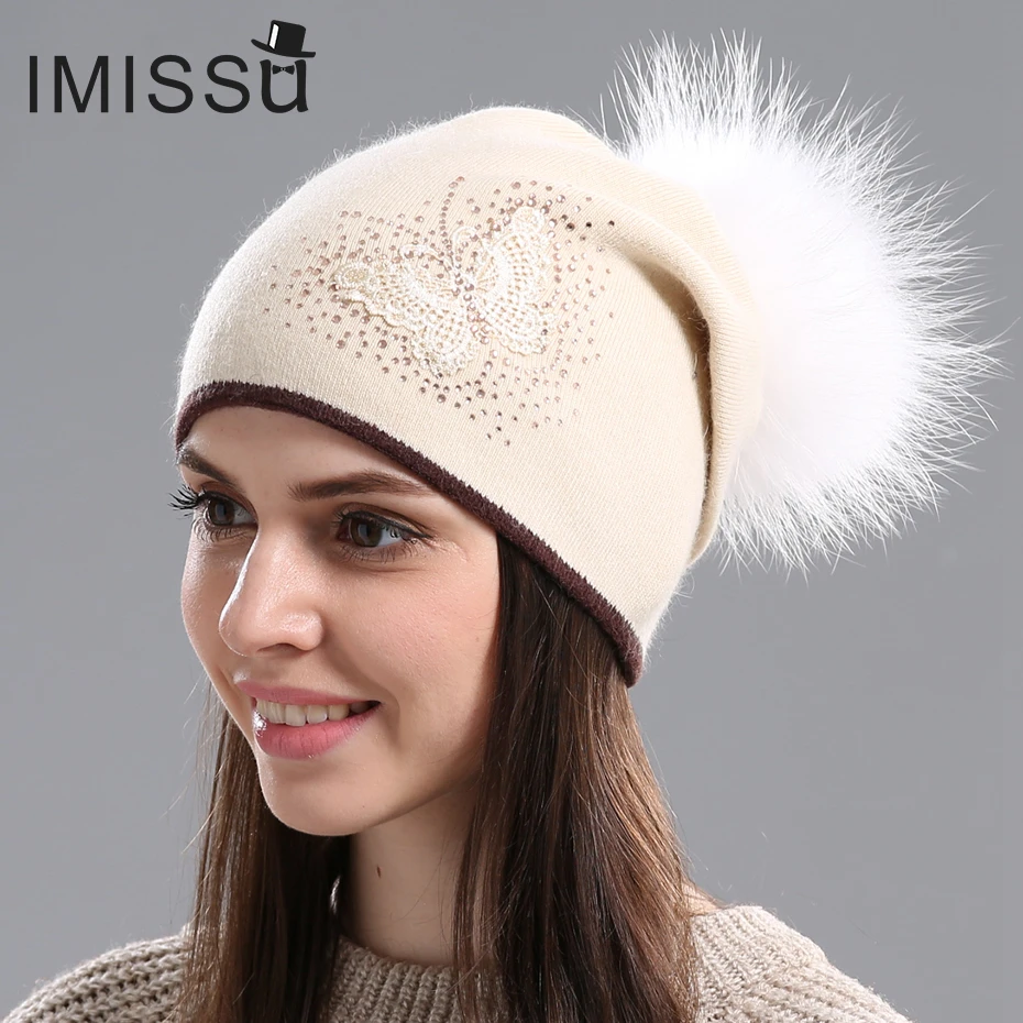 

IMISSU Knitted Women's Hats for Winter Casual Wool Hat with Real Raccoon Fur Pom Pom Solid Colors Ski Gorros Mask Cap for Girls