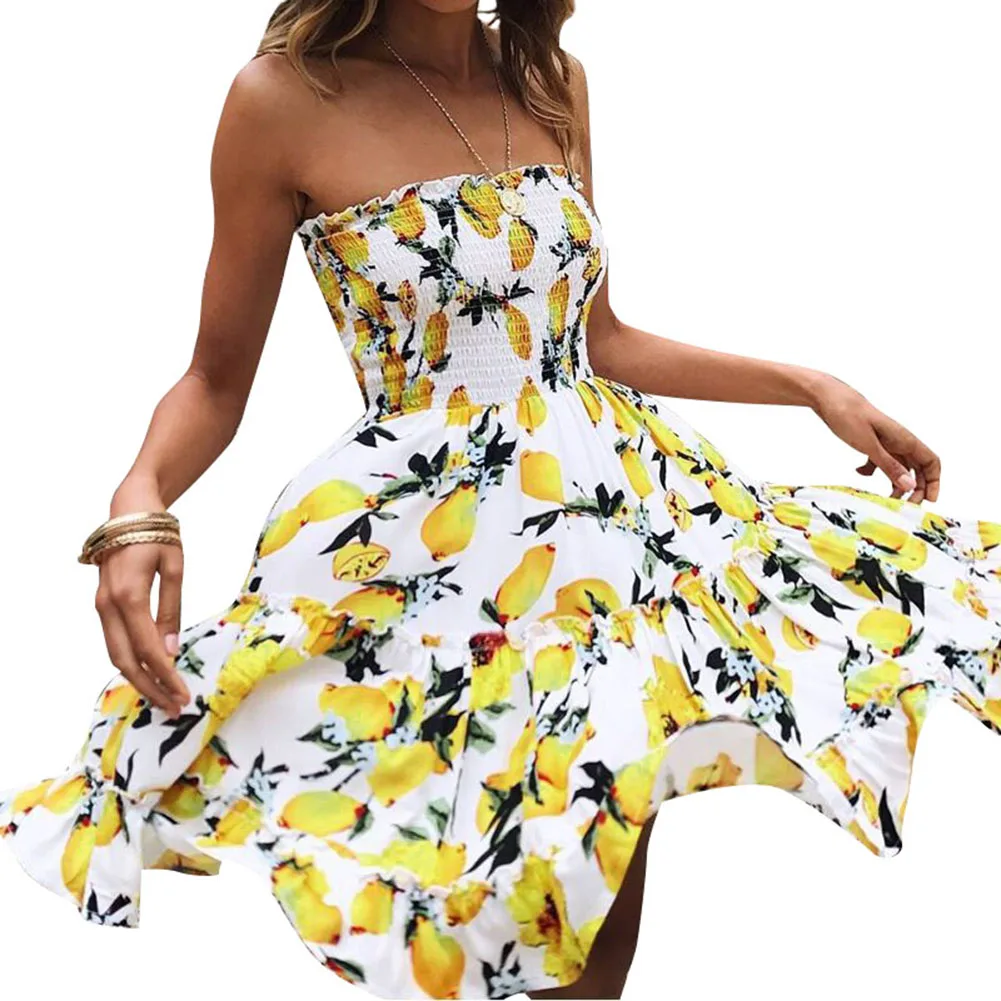 

Women Strapless Floral Lemon Print Summer Dress Sexy Sundress Ruched Ruffle Female vestidos verano 2018 Beach Mini Swing Dresses