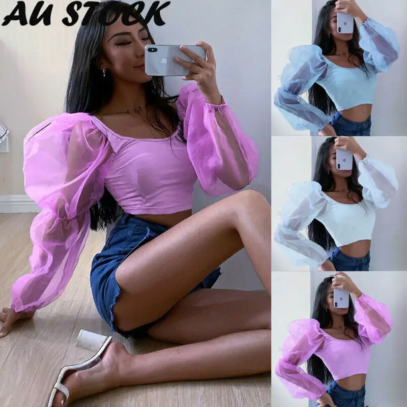 AU Woman Long Puff Sleeve Crop Top Solid Color Fold Square Neck Crop T-Shirt 
AU Woman Long Puff Sleeve Crop Top Solid Color Fold Square Neck Crop T-Shirt