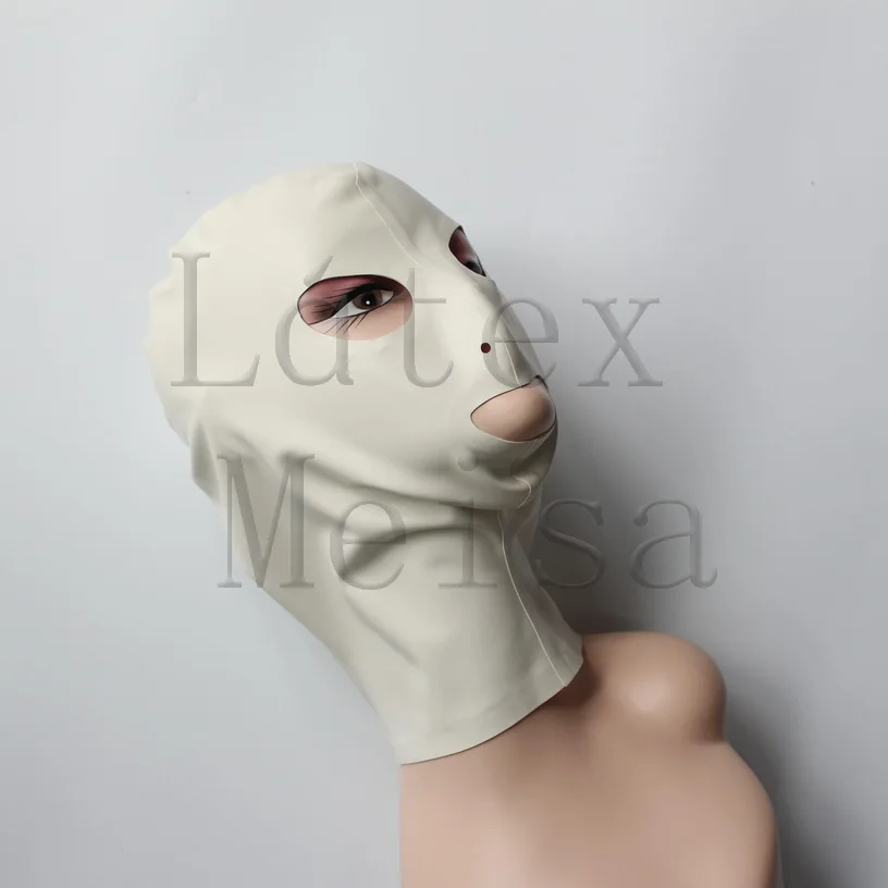Unisex Latex hoods rubber masks open eyes nostrils and mouth in white color with back zip
Unisex Latex hoods rubber masks open eyes nostrils and mouth in white color with back zip