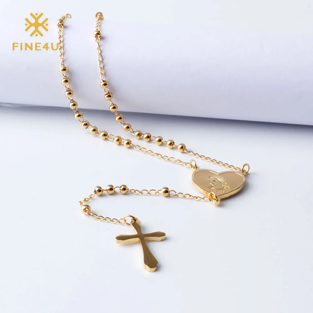 

FINE4U N108 Jesus Christ Crucifix Necklace For Women 316L Stainless Steel Long Rosary Beads Necklace Virgin Mary Heart Necklaces