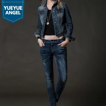 Brand Casual Womens Slim Fit Two Piece Turn-down Collar Denim Jackets Straight Leg Zipper Torn Jeans Long Trousers Suit Sets
Brand Casual Womens Slim Fit Two Piece Turn-down Collar Denim Jackets Straight Leg Zipper Torn Jeans Long Trousers Suit Sets