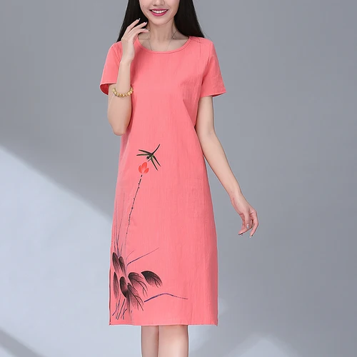 red cotton linen plus size vintage floral print clothes women casual loose midi summer dress vestidos 2018 dresses (2)