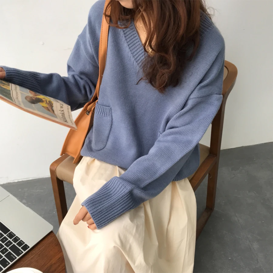 Loose Casual Pullovers Women Splice Simple Pocket V Neck Slim Knit Sweaters Ladies Autumn Winter Korea Plus Size Sweater Female
Loose Casual Pullovers Women Splice Simple Pocket V Neck Slim Knit Sweaters Ladies Autumn Winter Korea Plus Size Sweater Female