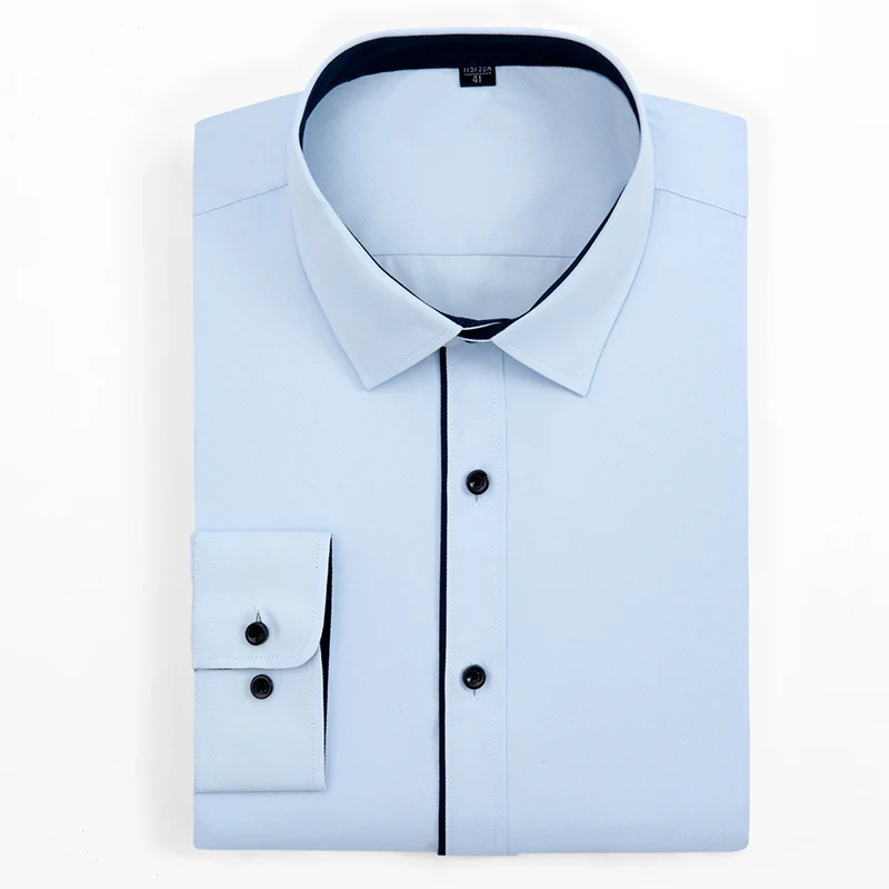 

Men's Long-sleeve Fine-twill Solid Basic Dress Shirts Regular-fit Black Piping on Collar&Placket Smart Casual Social Tops Shirt