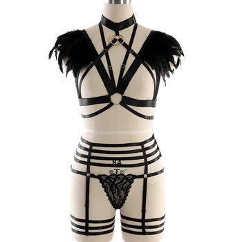 1 Set Harness Bra Shoulder Wings Feather Epaulette Soft Lace Top halter Cage Bra Pantie Garter Belts bottom Leg Lingerie Black 
1 Set Harness Bra Shoulder Wings Feather Epaulette Soft Lace Top halter Cage Bra Pantie Garter Belts bottom Leg Lingerie Black