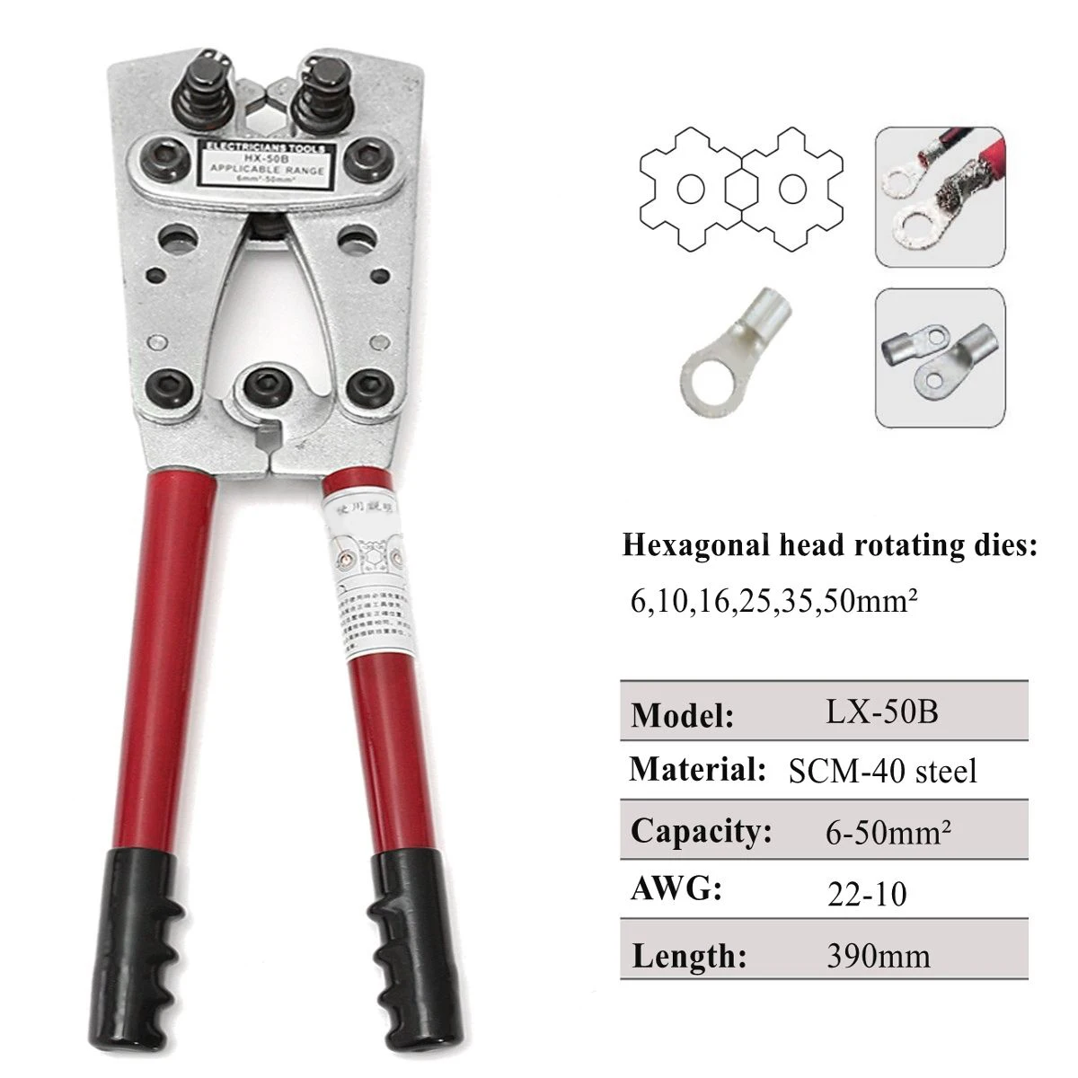 New 6-50mm LX-50B Wire Terminal Crimper Tool Cable Lug Crimping Plier Connector hand tools