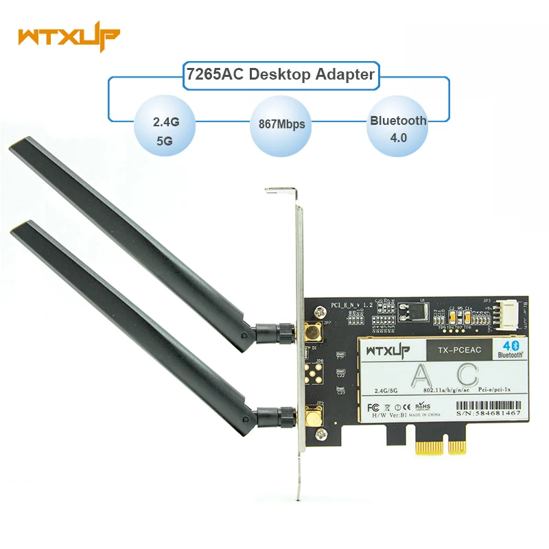 

WTXUP Wireless-AC 7265 802.11ac 867Mbps + 300Mbps PCI Express Desktop WiFi Adapter Bluetooth 4.0 for Intel 7265AC PC wifi Card