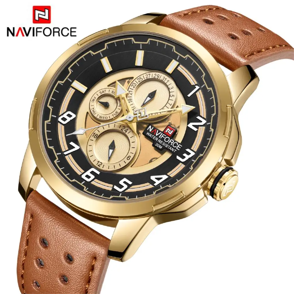 NAVIFORCE Men Watch Male Fashion 30M Waterproof 24 Hour Date Quartz Watch Man Leather Sports Wrist Watches Men Clock Golden
NAVIFORCE Men Watch Male Fashion 30M Waterproof 24 Hour Date Quartz Watch Man Leather Sports Wrist Watches Men Clock Golden