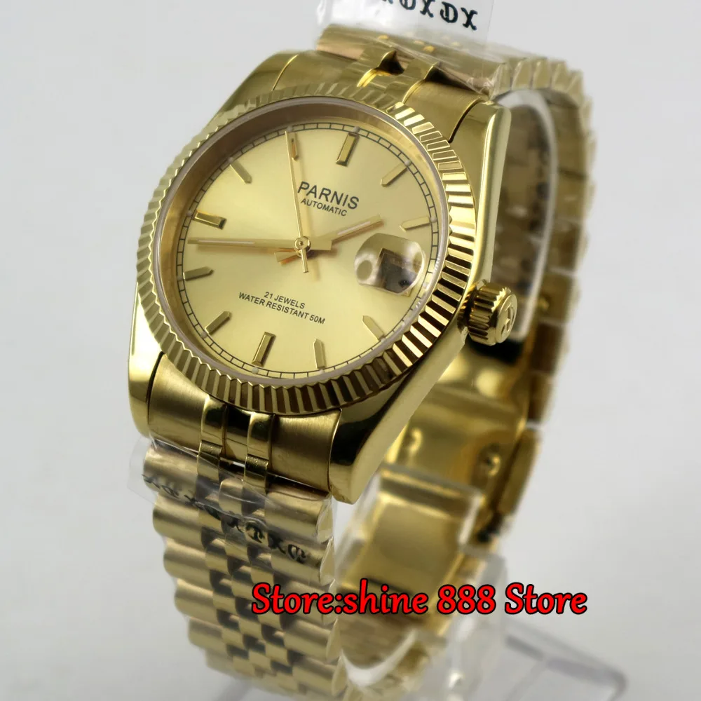 

Luxury 36mm Parnis yellow gold dial Date Miyota 8215 automatic mens watch