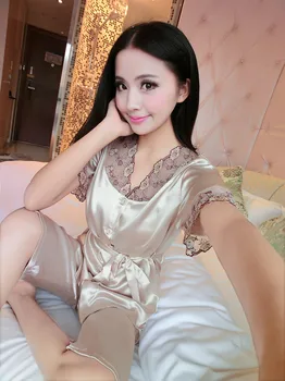 Summer 2016 Women Sexy Silk Pajamas Fashion Solid Color Sleep set V-neck Short-sleeves Silk Plus Size Lounge Female Sleep Tops
Summer 2016 Women Sexy Silk Pajamas Fashion Solid Color Sleep set V-neck Short-sleeves Silk Plus Size Lounge Female Sleep Tops