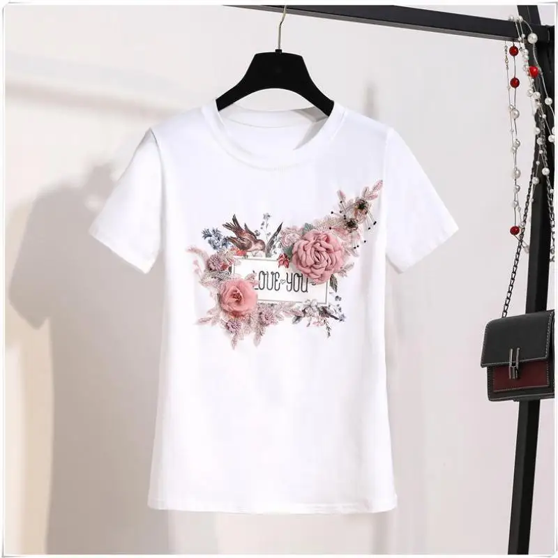 Casual Summer Tops Female High Quality Cotton short Tees Short Sleeve Bird Prints Harajuku Lace 3D Flowers Women T-shirts white
Casual Summer Tops Female High Quality Cotton short Tees Short Sleeve Bird Prints Harajuku Lace 3D Flowers Women T-shirts white