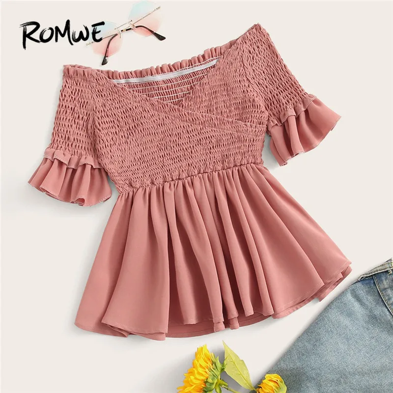 

ROMWE Pink Crossover Shirred Off The Shoulder Ruffle Half Sleeve Flared Hem Women Blouse Summer Beach Style Cute Peplum Blouses