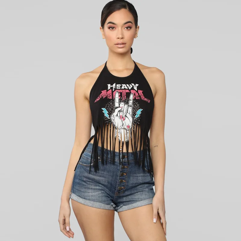 Rock Crop Top Women Summer Sexy Cropped Streetwear Tops HEAVY METAL Print Halter Top Backless Tassel Designs Croptop Black Red