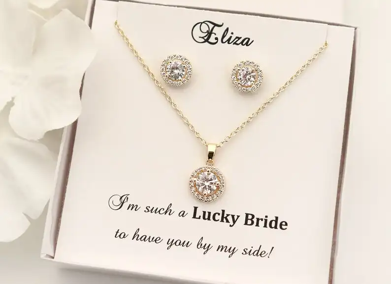 Custom name Rose Gold Wedding Jewelry Set, Halo Bridal Earrings + Necklace + Bracelet Gift Set, Mother of The Groom Gift Set
Custom name Rose Gold Wedding Jewelry Set, Halo Bridal Earrings + Necklace + Bracelet Gift Set, Mother of The Groom Gift Set