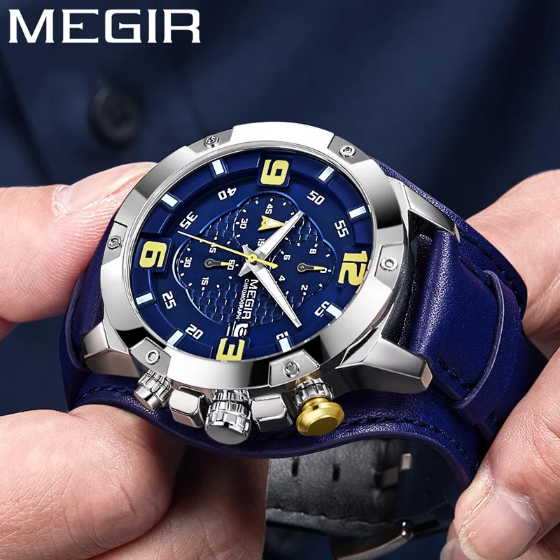 

MEGIR Men Watch Top Brand Luxury Gold Chronograph Wristwatch Date Military Sport Leather Band Male Clock Relogio Masculino 2099