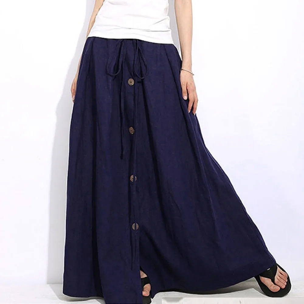 

Women A-Line Elastic High Waist Casual Button Flare Full Length Long Maxi Skirt Solid Color Faldas Largas Mujer High Quality #DX