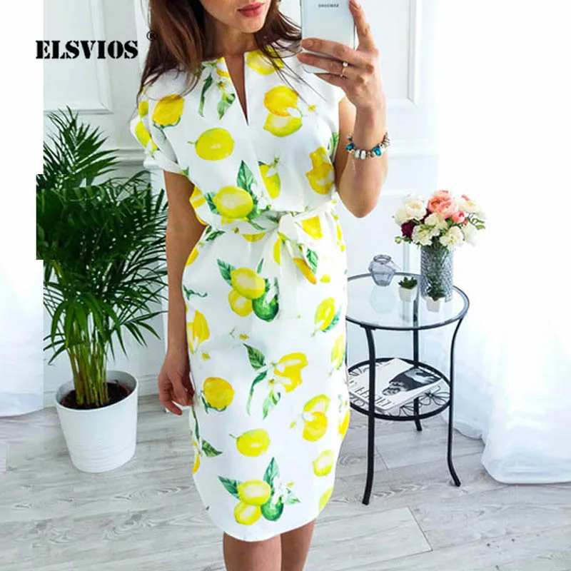 ELSVIOS 2019 New Geometric Printed Dress Women sexy V-neck Summer Beach Dress Casual Short Sleeve lemon print dresses With Belt
ELSVIOS 2019 New Geometric Printed Dress Women sexy V-neck Summer Beach Dress Casual Short Sleeve lemon print dresses With Belt