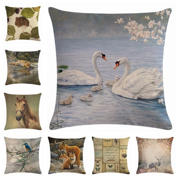 

Animal Pattern Linen Throw Pillow Cover Dog Horse Swan Fox Crane Decor Cushions Cover Decorative Pillows Sofa Chair Pillowcases