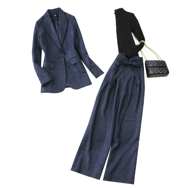 Large size women's 2019 autumn blue herringbone Slim suit + high waist wide leg pants thick suit 2/3 pieces set
Large size women's 2019 autumn blue herringbone Slim suit + high waist wide leg pants thick suit 2/3 pieces set