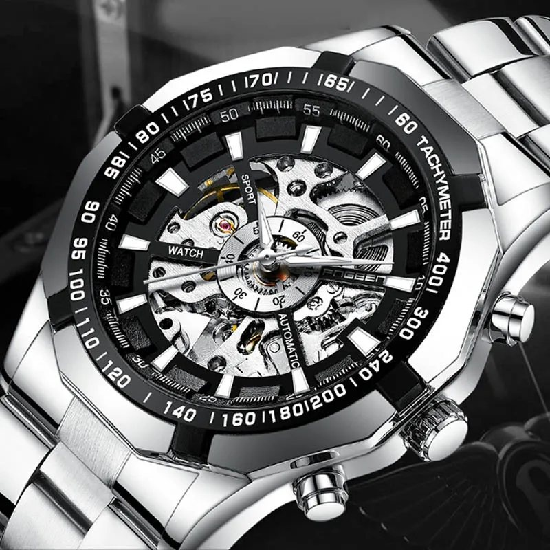 Fashion Men Steel Strap Watch Hollow Watches High-End Automatic Movement Mechanical Men's Steel Belt Watch Black and White
Fashion Men Steel Strap Watch Hollow Watches High-End Automatic Movement Mechanical Men's Steel Belt Watch Black and White