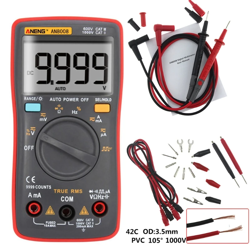 AN8008 True-RMS Digital Multimeter 9999 counts Square Wave Backlight AC DC Voltage Ammeter Current Ohm Auto/Manual
AN8008 True-RMS Digital Multimeter 9999 counts Square Wave Backlight AC DC Voltage Ammeter Current Ohm Auto/Manual