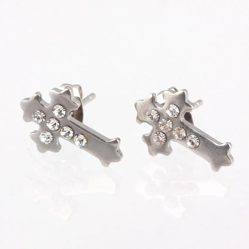 QianBei Fashion Fantastic Top Quality Silver color Stainless Steel Studs Hoop Mens womens Cross CZ Rhinestone Earrings NEW | Украшения и