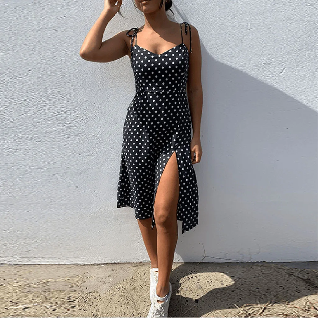 Women Casual Polka Dot Sleeveless High Pleated elastic waist V-Neck Beach Dress JKP4289