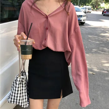 Women Blouse Tops Long Sleeve Solid Blouse Casual V Neck Button Up Korean Casual women's shirt harajuku Daily Basic
Women Blouse Tops Long Sleeve Solid Blouse Casual V Neck Button Up Korean Casual women's shirt harajuku Daily Basic