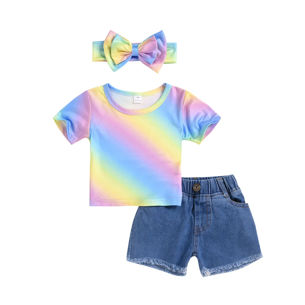 2019 Fashion Short Sleeve Rainbow Striped Print Top + Shorts jean + Headflower 3 pieces Set Girls Clothing Children Clothes suit
2019 Fashion Short Sleeve Rainbow Striped Print Top + Shorts jean + Headflower 3 pieces Set Girls Clothing Children Clothes suit