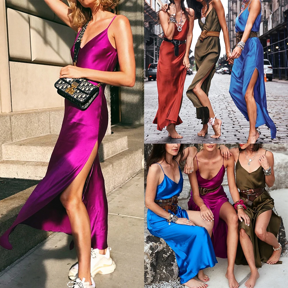 Women's Sexy Strappy Sleeveless Satin Maxi Long Dress Summer Fashion Ladies Party Club Backless V-Neck High Split Dress Vestidos 
Women's Sexy Strappy Sleeveless Satin Maxi Long Dress Summer Fashion Ladies Party Club Backless V-Neck High Split Dress Vestidos