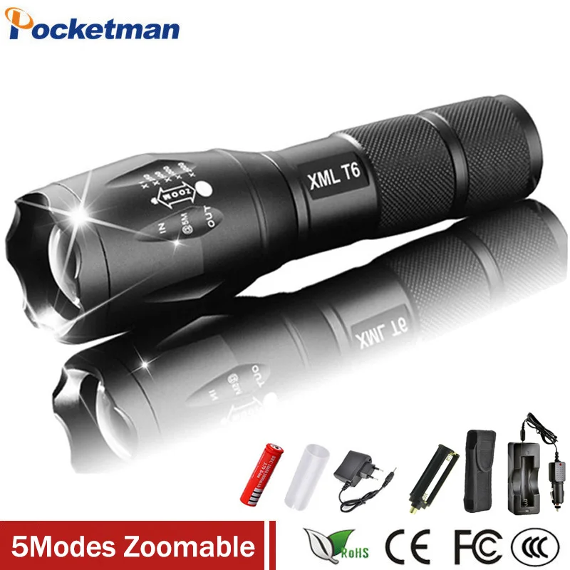 1Set XML-T6 3000lm Adjustable Led Flashlight Led Torch Car Charger+Battery Charger+1*18650 Rechargeable Battery + Holster pouch
1Set XML-T6 3000lm Adjustable Led Flashlight Led Torch Car Charger+Battery Charger+1*18650 Rechargeable Battery + Holster pouch