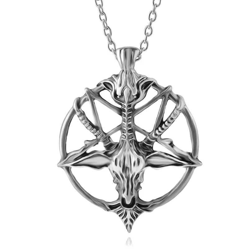 

Fashion Inverted Pentagram Goat Pan God Skull Head Pendant Necklace Satanism Occult Metal vintage silver star statement Jewelry