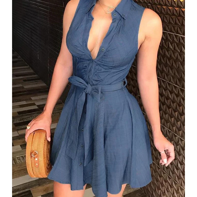 Summer Blue Mini Sundress Turn-down Collar Dress Sexy Low-Cut Tunic Sleeveless Sashes Bow A-Line Vestidos Streetwear платье
Summer Blue Mini Sundress Turn-down Collar Dress Sexy Low-Cut Tunic Sleeveless Sashes Bow A-Line Vestidos Streetwear платье