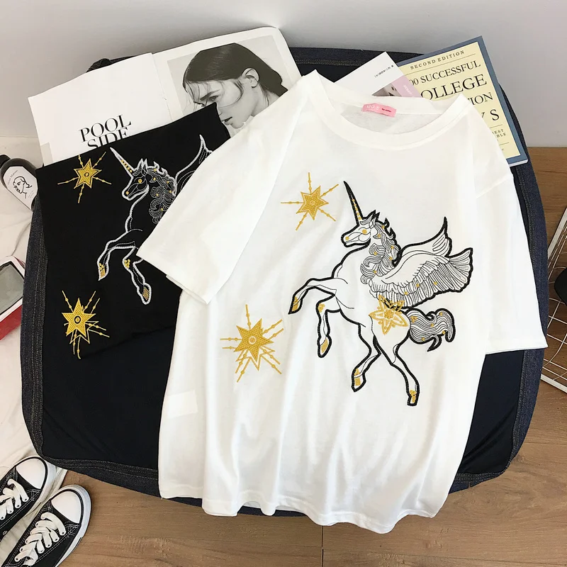 Women's 2019 unicorn embroidery sequins loose women T-shirt with short sleeves
Women's 2019 unicorn embroidery sequins loose women T-shirt with short sleeves
