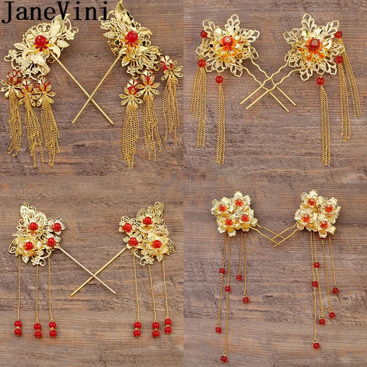 JaneVini 2 шт. одна пара Китайская традиционная заколка для невесты головной убор