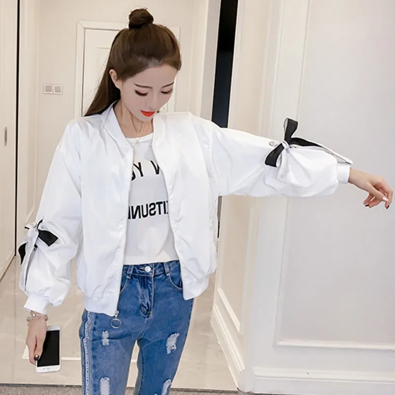 2018 spring summer women white jacket short bow loose fashion baseball coat outwear tops
2018 spring summer women white jacket short bow loose fashion baseball coat outwear tops